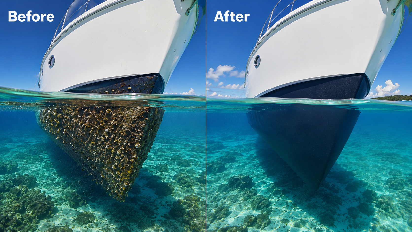 Hull before and after cavitation cleaning